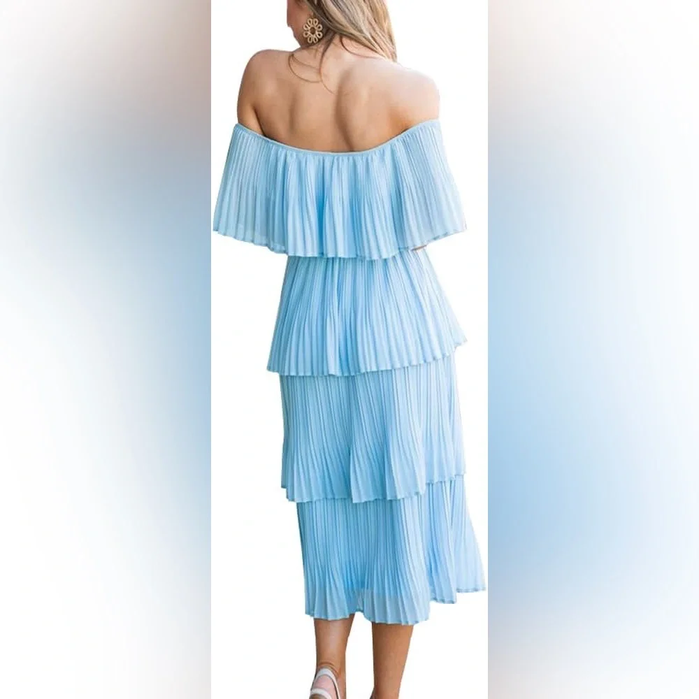 OFF THE SHOULDER TIERED PLEATED MIDI CHIFFON DRESS IN LIGHT BLUE SIZE MEDIUM - Picture 3 of 16